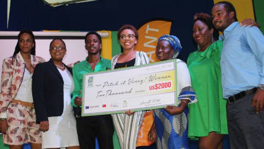 Christal Oliver, Pitch It Vincy 2019 winner, centre, is flanked by finalists, from left: Peta Odini Sutherland, Kenna Questelles, Rhondel Dickson, Manyi Florence Fotabong, Kimya Glasgow and Raymond Victory. 