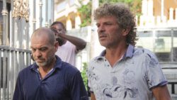 The two Frenchmen, Frenchmen fined for ganja, arrive at the Serious Offences Court in Kingstown on Monday for sentencing. (iWN photo)