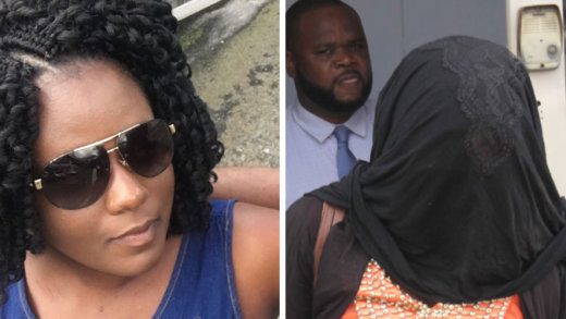 Akitta Haywood hides her face as she leaves the Kingstown Magistrate's Court on Monday. Her boyfriend, Leif Joslyn, is in the background. Haywood is seen at left, in a November 2018 photo. 