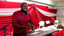 Unity Labour Party caretaker for North Leeward, Carlos James, speaking at the party's constituency conference in Chateaubelair on Sunday.