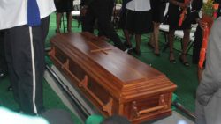 The beautifully constructed breadfruit board casket was built, in keeping with Sir Frederick’s wishes, by his long-time friend, Oscar Cadogan, a carpenter, and the joiner’s son, Clous Cadogan. The Rose Place artisans used breadfruit wood that had been cured for 15 years. (iWN photo)