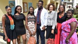 Joel Bascombe, centre, along with is study buddies, at left, Susan Joachim, his mother, Donna Job and his landlady. 