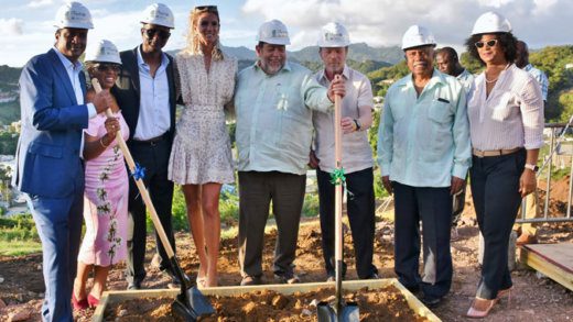 Prime Minister Ralph Gonsalves, 5th from left, with the chief investor Alex Lodde, co-founder of A&A Capital Inc., 6th left, and other government officials and investors at the ground breaking ceremony last week. (Photo: Lance Neverson/Facebook) 