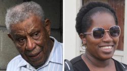 Businessman Bertille "Silky" Da Silva, left, and his former employee, defendant Eunice Dowers outside the Serious Offences Court in January 2020. (iWN photos)