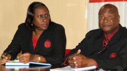 In this February 2018 iWN photo, Wendy Bynoe, then spokesperson of the SVG Teachers’ Union and then-president Oswald Robinson attend a Union press conference in Kingstown.  Bynoe, who was elected to lead the union in 2018, was voted out of office this week and Robinson returned to the helm.  