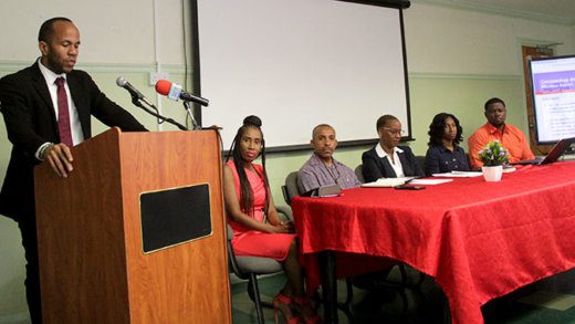 Minister of Health, Senator Luke Browne and other health officials at Friday's press conference in Kingstown. (iWN photo)