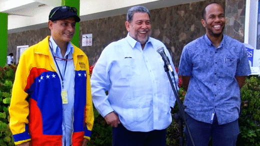 From left: Francisco M. Perez Santana, Charge d’affaires at the Venezuelan Embassy in Kingstown, SVG’s Prime Minister Ralph Gonsalves, and Minister of Health Senator Luke Browne.
