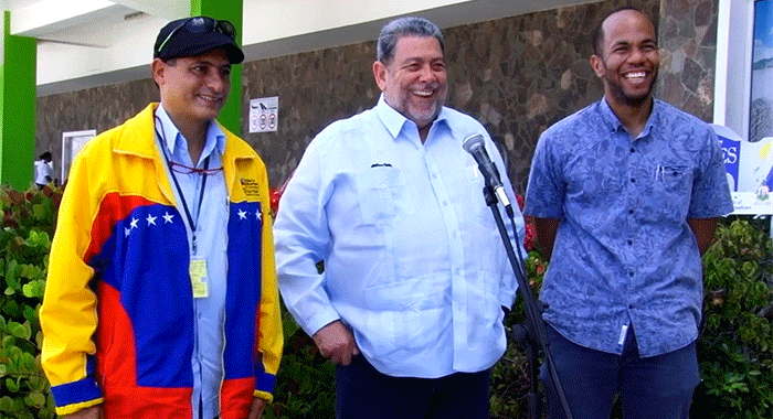 From left: Francisco M. Perez Santana, Charge d’affaires at the Venezuelan Embassy in Kingstown, SVG’s Prime Minister Ralph Gonsalves, and Minister of Health Senator Luke Browne.