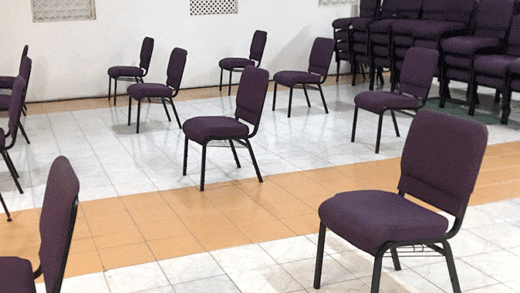 Seating at a church arranged in keeping with the Ministry of Health's physical distancing guidelines. (iWN photo)