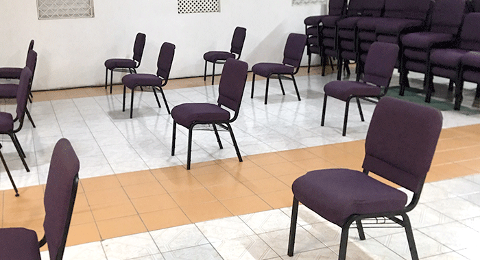 Seating at a church arranged in keeping with the Ministry of Health's physical distancing guidelines. (iWN photo)