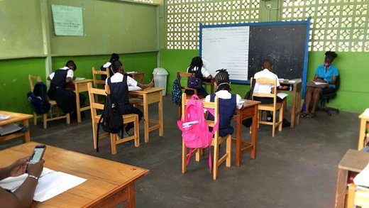 A class at Kingstown Preparatory School observing physical distancing when only Grade 6 students was in school in May. The Teachers' Union says this same school will not be able to observe physical distancing when school reopen for all students on Monday. (iWN photo)