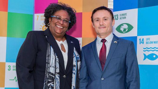 Mia Amor Mottley, is the prime minister of Barbados and chair of CARICOM, left, and Didier Trebucq, United Nations resident coordinator for Barbados and the Eastern Caribbean, in October 2019, at the UN’s 74th anniversary celebration.