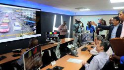Prime Minister Ralph Gonsalves, Taiwan Ambassadors Calvin Ho and Minister of Technology, Camillo Gonsalves are treated to a demonstration of the system.