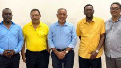 NDP leader, Godwin Friday, centre, poses with the party’s Marriaqua candidate, Bernard Wyllie, second from right, as well as, from left, Philip Jackson, Kirk Da Silva, and Curtis Bowman after last Thursday's candidate selection exercise. (Photo: NDP)