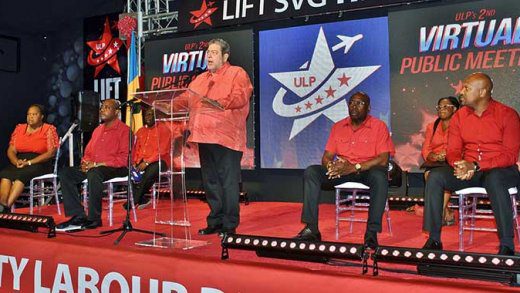 Prime MInister Ralph Gonsalves speaking at the ULP's public meeting last Wednesday. (Photo: Lance Neverson/Facebook)