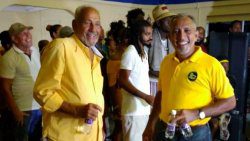Former Prime Minister and NDP founder Sir James Mitchell, left, and Opposition Leader and NDP President Godwin at a campaign event in Bequia on Sept. 26, 2020.  
