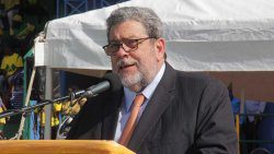 Prime Minister Ralph Gonsalves delivers his Independence Address at Victoria Park on Tuesday. (iWN photo)