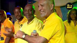 In this OCtober 20220 image, NDP President Godwin Friday, right, presents an award to former party leader, Arnhim Eustace, while Dwight Fitzgerald Bramble, who went on to retain the East Kingstown seat for the NDP, looks on. (Photo: Facebook Live) 