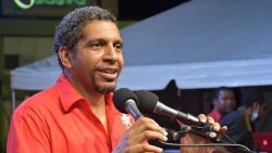 Minister of Finance, Camillo Gonsalves speaking at Sunday's rally. (Photo: Anthony Fonz Dennie/Facebook)