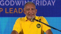 In this screen grab of a Facebook Live video, Opposition Leader Godwin Friday addresses a New Democratic Party virtual public shortly after the announcement of the election date Thursday night. 