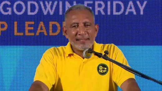 In this screen grab of a Facebook Live video, Opposition Leader Godwin Friday addresses a New Democratic Party virtual public shortly after the announcement of the election date Thursday night. 