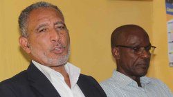Leader of the Opposition Godwin Friday, left, and party spokesperson on health, Member of Parliament for West Kingstown, Daniel Cummings at Wednesday's press conference. (iWN photo)
