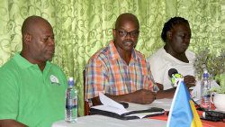 President of the Public Service Union, Elroy Boucher, centre, along with union spokesperson, Prudence Jeffrey, right, and union member Joel Poyer at the press conference in October, where they called for union members to vote against the ULP. (iWN photo) 