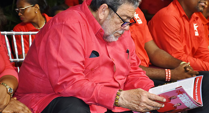 Things have gotten better for residents of the Colonarie Census Division, which is part of the constituency represented by Prime Minister Ralph Gonsalves, seen her, on Tuesday, reading his party’s youth manifesto. (Photo: Lance Neverson/Facebook)