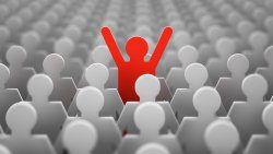 The symbol of a leader in the form of a red man with his hands up in a crowd of white men. 3d render