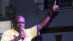 Former North Leeward MP, Roland "Patel" Matthews, speaking at the NDP rally in Kingstown on Saturday. (iWN photo)