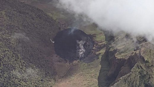 The new dome, at right, created by the ongoing activity at St. Vincent's La Soufriere volcano.