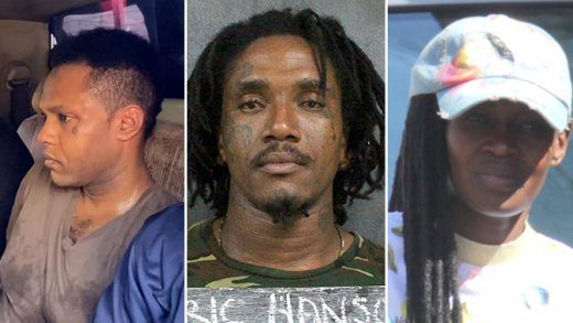 The two accused murderers, Veron Primus, left, and Ulric Hanson, centre, along with Shadene Farrell, who was on Friday jailed for harbouring them after their escape.