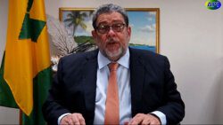 Prime Minister Ralph Gonsalves delivering his national address Monday night. 
