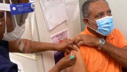 Opposition Leader Godwin Friday receives his jab in Bequia on Feb. 14, 2021. (Photo: SVG Health/Facebook) 