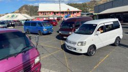 A number of omnibuses were parked at the Leeward Bus Terminal on Monday morning. (iWN photo)