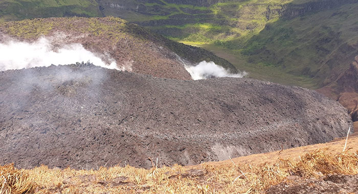 La Soufriere, as seen on Tuesday, March 23, with the 1979 dome in the background and the 2020-2021 dome in the foreground. (Photo: NEMO/Facebook)