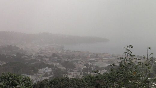 Falling ash created a haze over Kingstown on Saturday. (iWN photo)