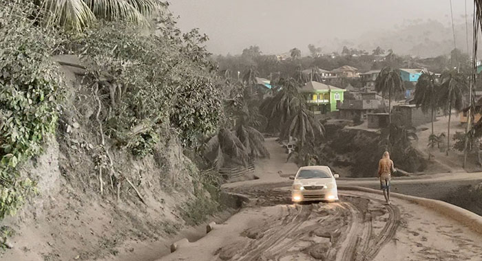 Magum, a community in the red zone, in north eastern St. Vincent, is blanketed in ash on Saturday. (iWN photo)