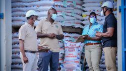 From left: Kingsley Dyer, production manager, ECGC, farmer Caromo Browne and Dr. Tahomma Richards, veterinarian, ECGC in conversation with J Robert Cato, CEO, ECGC, about the effects of the volcanic eruption and animal feeds needed on farms.