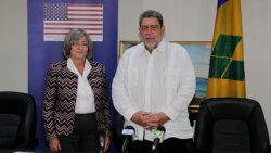 U.S. Ambassador to St. Vincent and the Grenadines Linda Taglialatela, left, and Prime Minister of SVG, Ralph Gonsalves at Friday's press conference. (iWN photo)