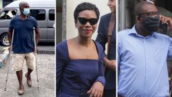 An iWitness News montage photo of COrnelius John, Ashelle Morgan, and Karim Nelson outside the Serious Offences Court on Friday. 