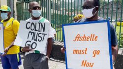 MP for Central Kingstown, St. Clair Leacock, centre, and other protesters in Kingstown on Wednesday. (iWN photo)