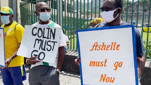 MP for Central Kingstown, St. Clair Leacock, centre, and other protesters in Kingstown on Wednesday. (iWN photo)