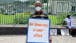 President of the SVG Teachers' Union Oswald Robinson at the protest on Wednesday. (iWN photo)