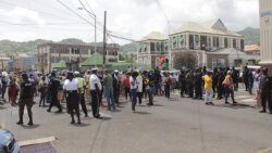 Protesters and police officers in Kingstown. (iWN photo)