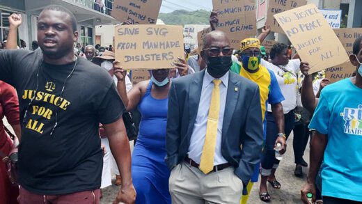 Central Kingstown MP St. Clair Leacock among protesters in Kingstown on Tuesday. (iWN photo)