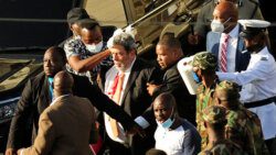 Prime Minister Ralph Gonsalves, his shirt covered in blood, after being injured in protest in Kingstown on Thursday. (Photo: REUTERS/Robertson S. Henry)