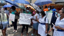 Nurses among protesters outside Parliament, on Aug. 5, 2021. (iWN Photo)