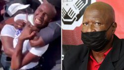 In this composite photo, at left, Carly John is seen in the police choke hold as a police officer tries to free him, and, at right, President of the SVG Teachers' Union, Oswald Robinson at Monday's press conference.