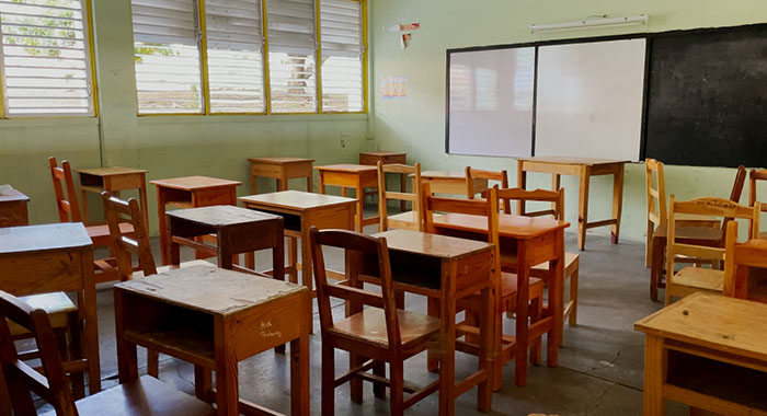 An empty secondary school classroom in St. Vincent. 